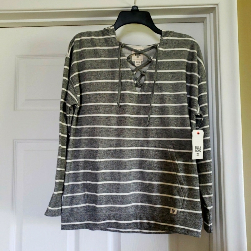 Billabong Hoodie Strappy Top Lightweight Sweatshirt NWT Grey White Women's Small
